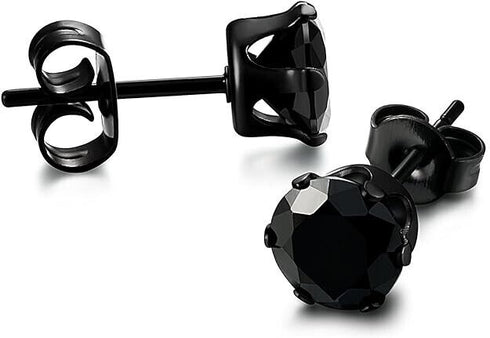 2 Pairs 316L Surgical-Steel Black & Silver Round CZ Men & Women Stud Earrings